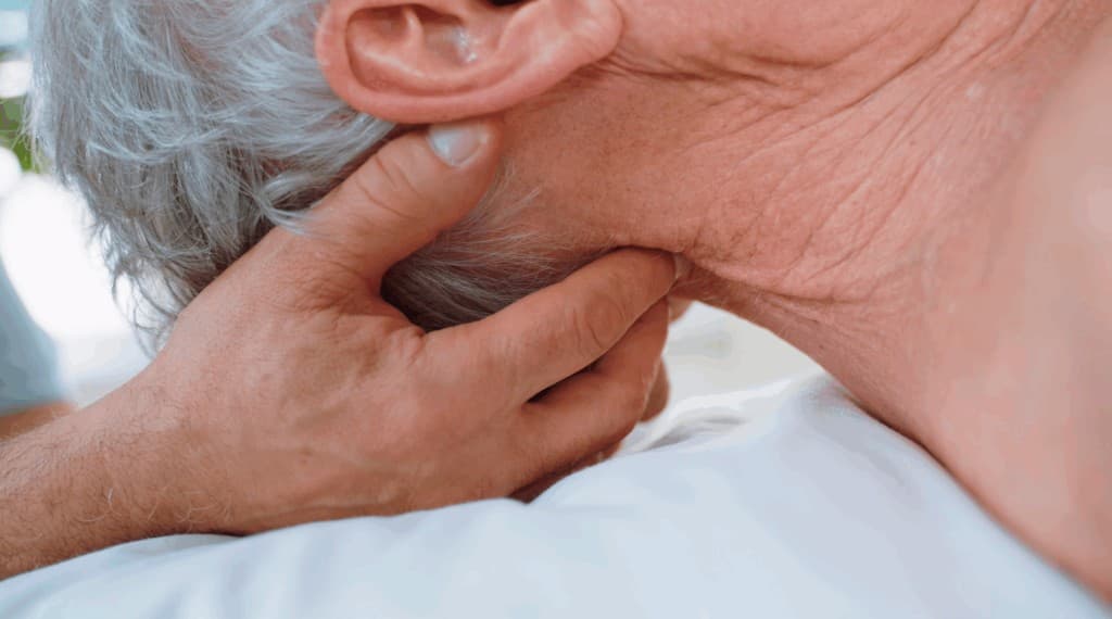 Nahaufnahme einer manuellen Therapie am Hals- und Nackenbereich eines Patienten in der Praxis Physiotherapie Simo.
