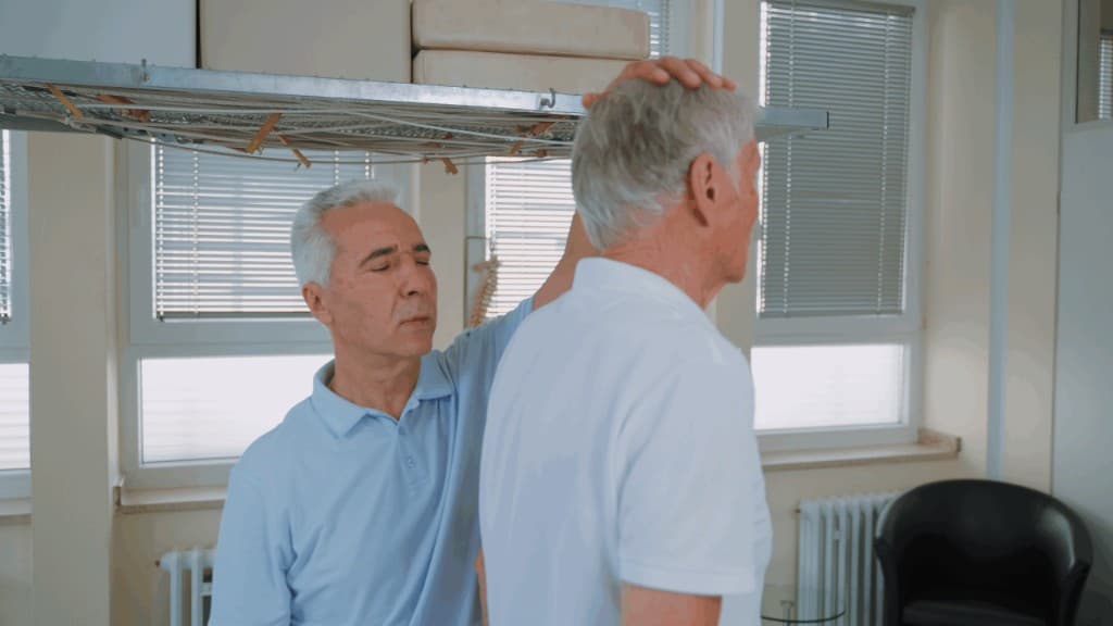 Physiotherapeut bei der Behandlung eines Patienten unter dem Schlingentisch-Gestell in der Praxis Physiotherapie Simo.