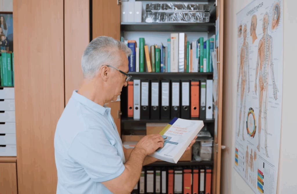 Physiotherapeut mit Fachliteratur zur funktionellen Anatomie der Gelenke in der Praxis Physiotherapie Simo.